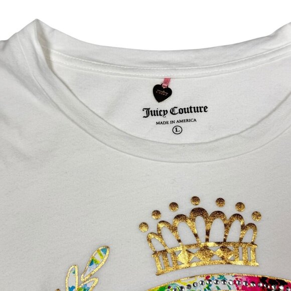 Juicy Couture VTG Y2K Graphic Tee Sz. L White Rhinestones Short Sleeve Preppy - Picture 7 of 12
